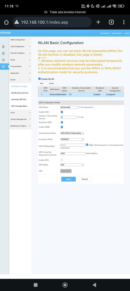 Ganti Nama Wifi pada SSID Name atau Ganti Sandi pada WPA PreShareKey