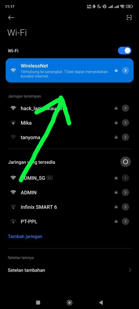 Tampilan Layar pada telepon pintar di pengaturan WiFi